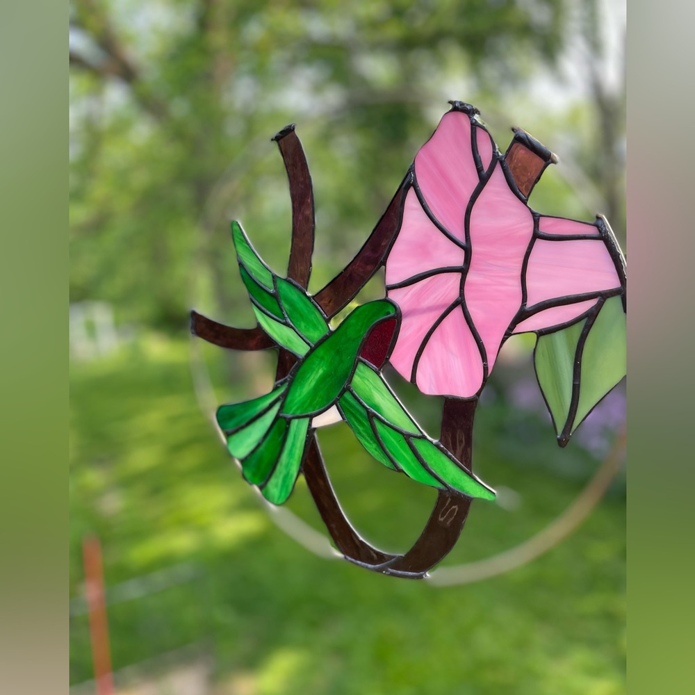 Stained Glass Hummingbird and Flower Art - Picture 3 of 6